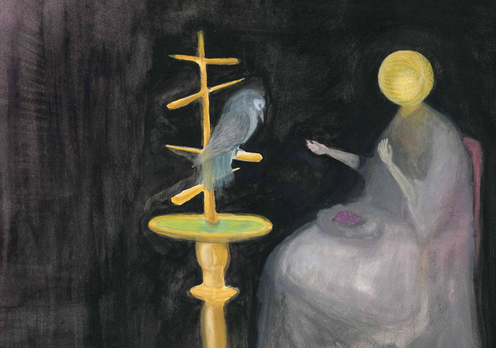 Acrylic painting on wood panel of a woman with a glowing mask-like head speaking to a bird, set against a roughly textured black background evoking a theatre stage. Feeding Grapes by Alex Zika, Woman Portrait Gallery.