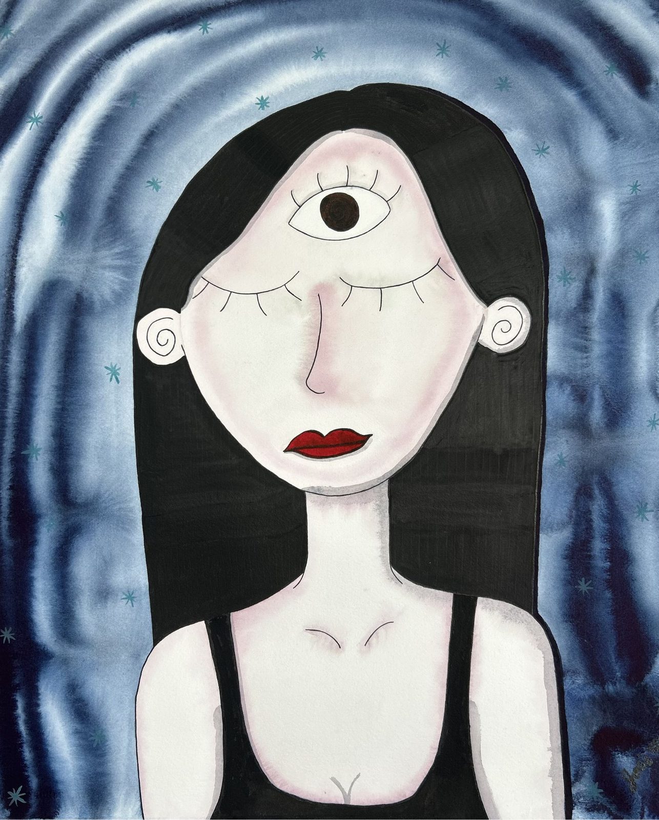 Naive-style watercolour and ink painting of a woman with her third eye open, in a meditative pose. Night Sky by Jose Roberto, Woman Portrait Gallery.