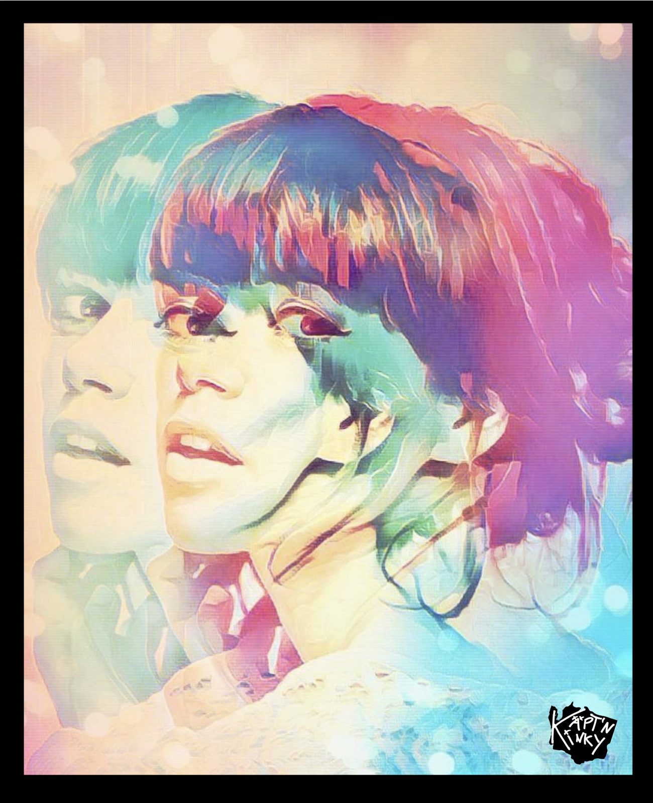 Self-portrait of the artist Lore Richter in pastel tones of green and purple, a layered shifted double exposure effect creating ghostly duplications of her face. Woman Lore Richter by Kaeptn Kinky, Woman Portrait Gallery.