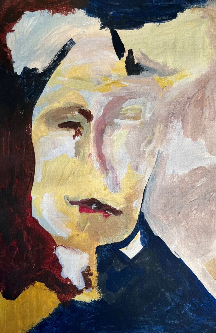 Expressive acrylic portrait of a woman face with a blue sweater, bold naive brushstrokes and abstracted forms bordering on the abstract. Carmen by Lou Held, Woman Portrait Gallery.