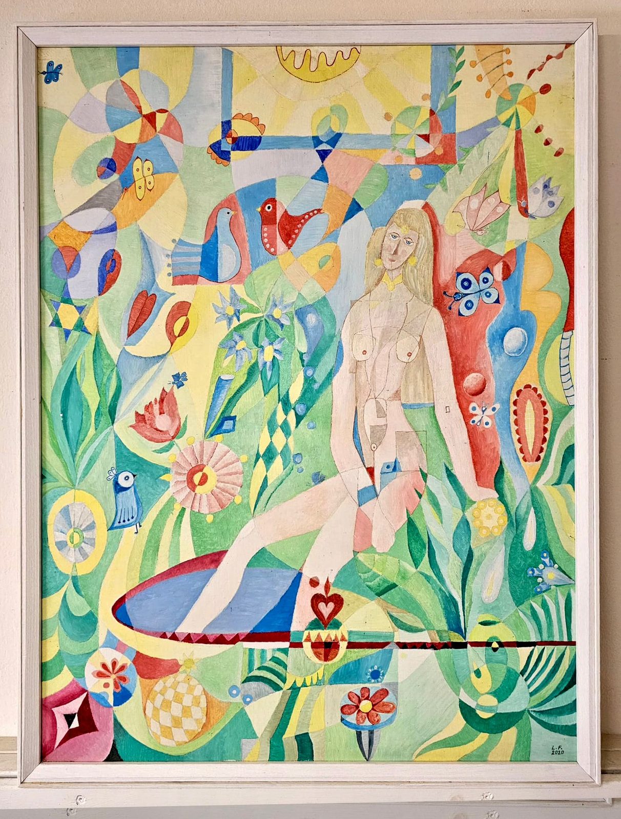 Colourful wax tempera painting with floral motifs, birds and plants surrounding a central figure of a woman taking a bath, rendered in flat organic shapes. Waldvilla by Lubomir Fiala, Woman Portrait Gallery.