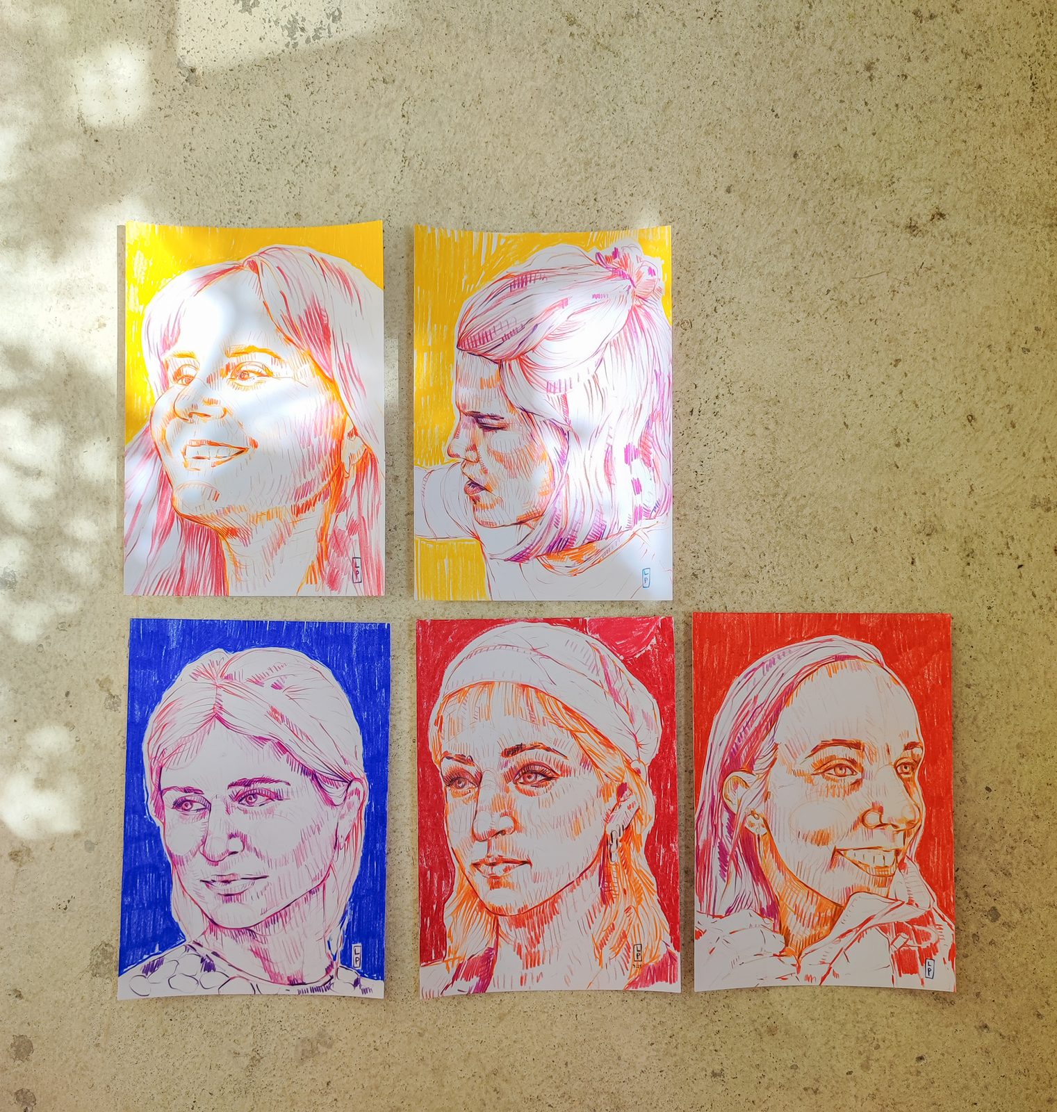 Colourful coloured pencil drawings of young women in cheerful poses against vivid backgrounds, a joyful positive portrayal. Three Studies In Line by Lydia Prien, Woman Portrait Gallery.