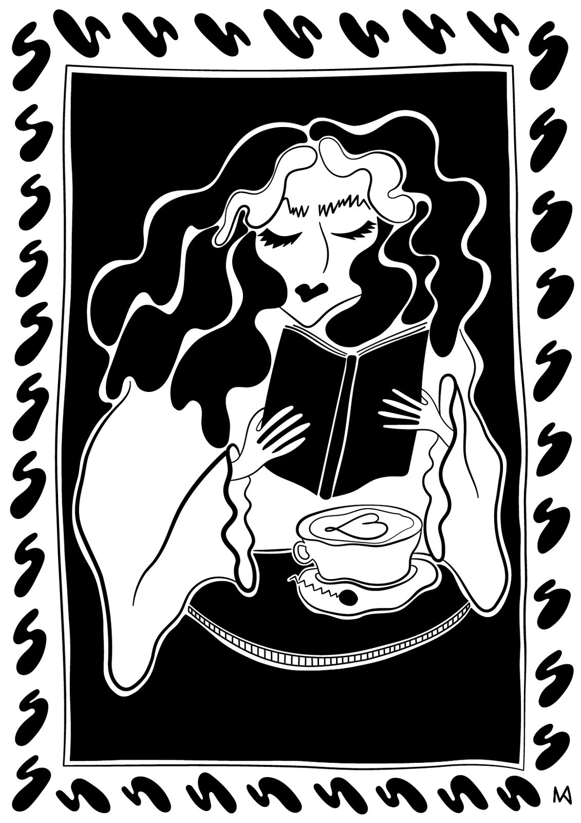 Black and white digital illustration of a woman reading a book with a coffee, framed by hand-drawn decorative patterns and borders. The Reading Woman by Marina Anken, Woman Portrait Gallery.