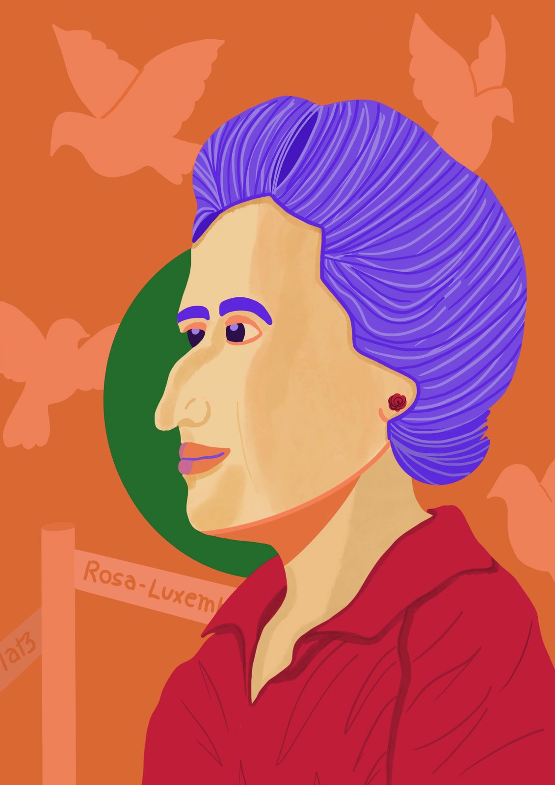 Vibrant digital illustration portrait of Rosa Luxemburg in bold colours. Rosa Luxemburg by Patricia Nigri, Woman Portrait Gallery.
