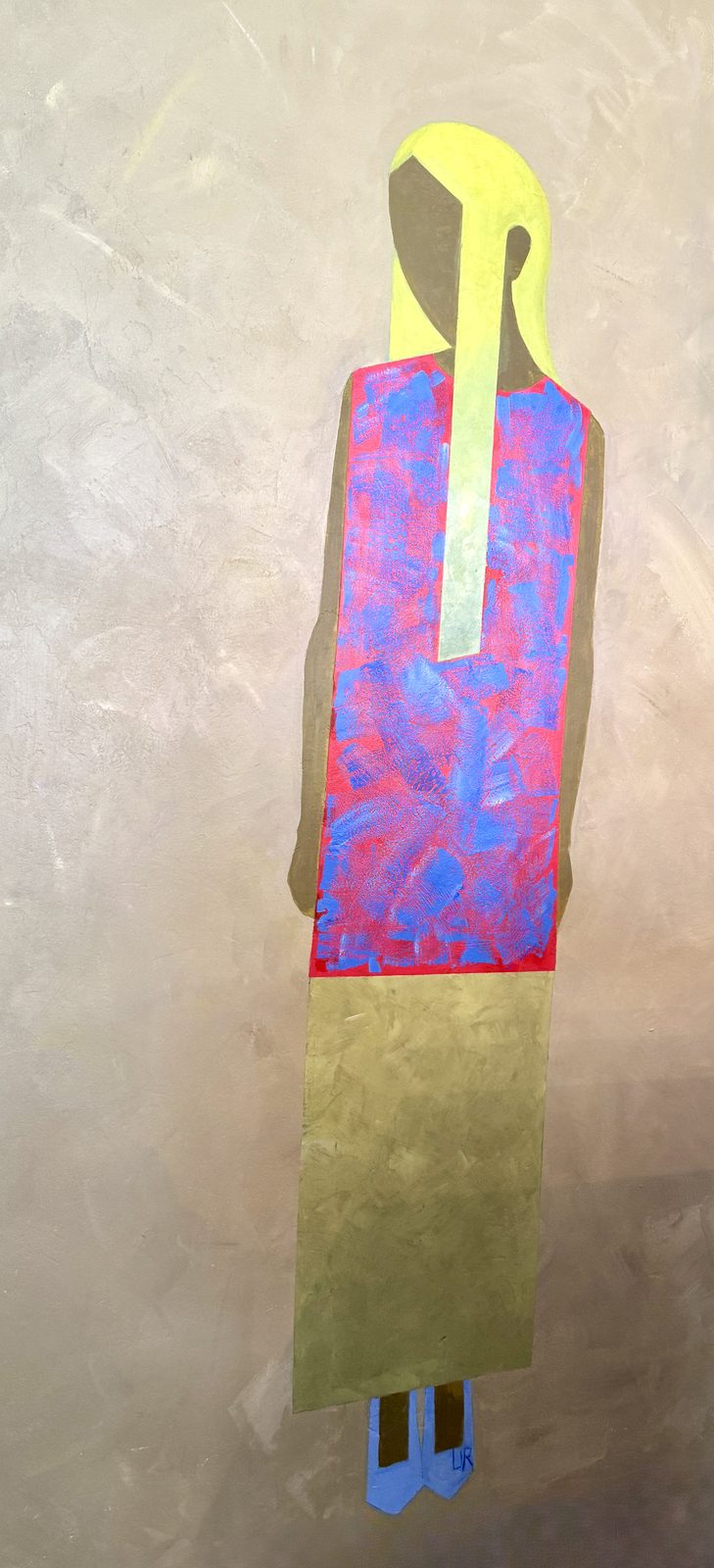 Photograph of a large-scale mural depicting a female figure in bold flat shapes and vivid colours, a classic mural style with expressive textures. Faceless Figure by Ramona Ursache, Woman Portrait Gallery.