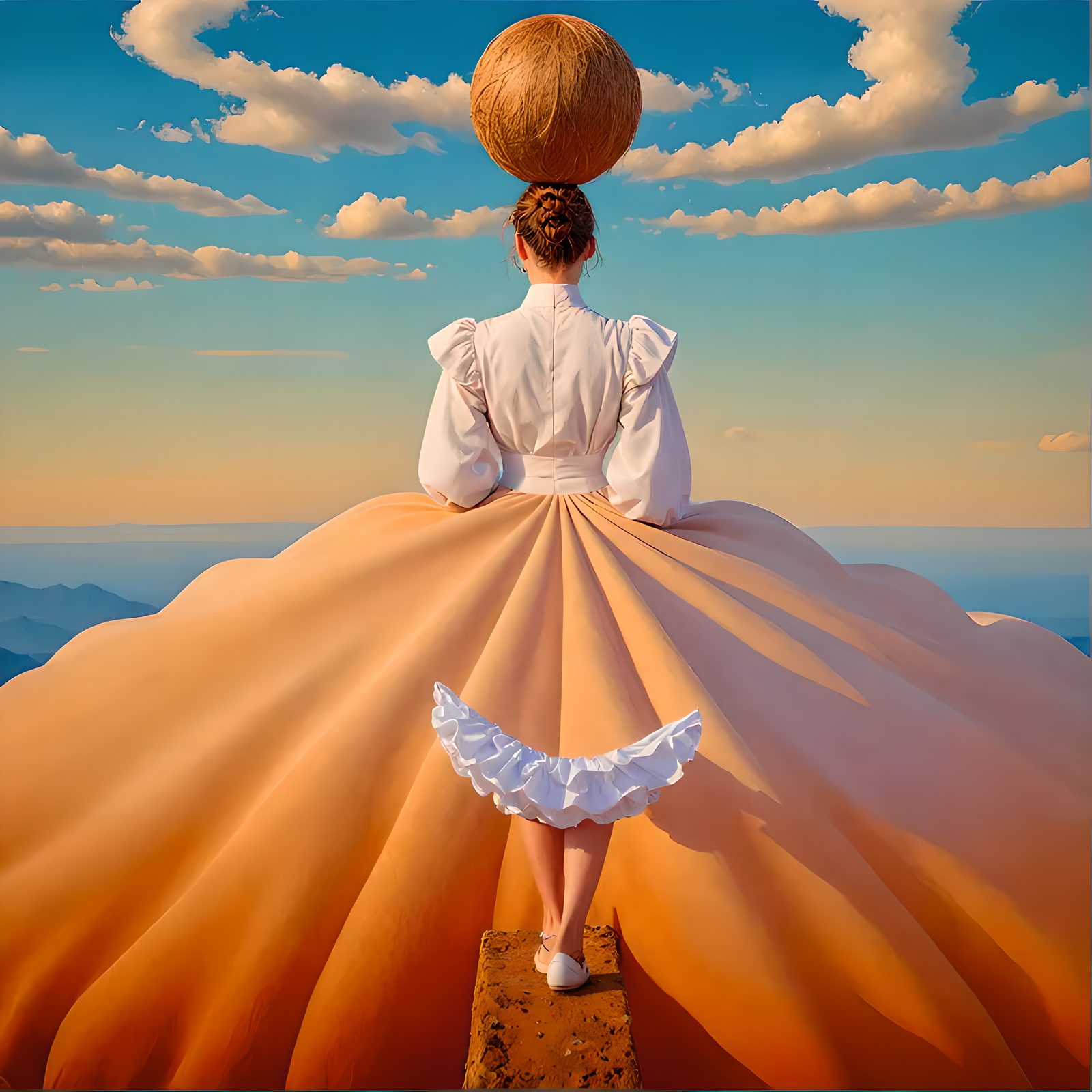 Surreal AI-generated image of a woman seen from behind wearing a voluminous skirt and a coconut-like shape on her head, her legs appearing cut out as in a collage. EpigeneticS by Sanna Strange, Woman Portrait Gallery.