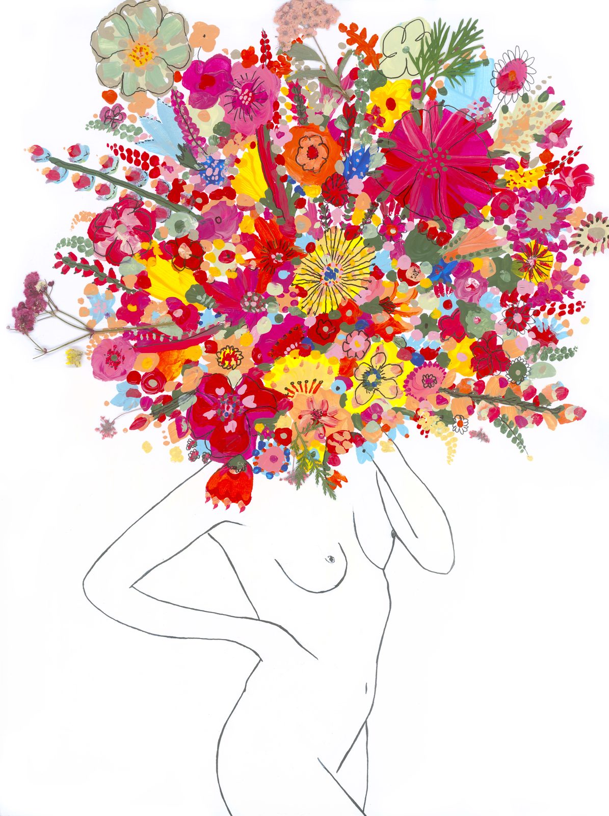 Black ink silhouette of a nude female body topped with an explosion of colourful flowers as the head, real pressed flowers and painted blooms forming an oversized bouquet. Cansu by Lucille Guder, Woman Portrait Gallery.