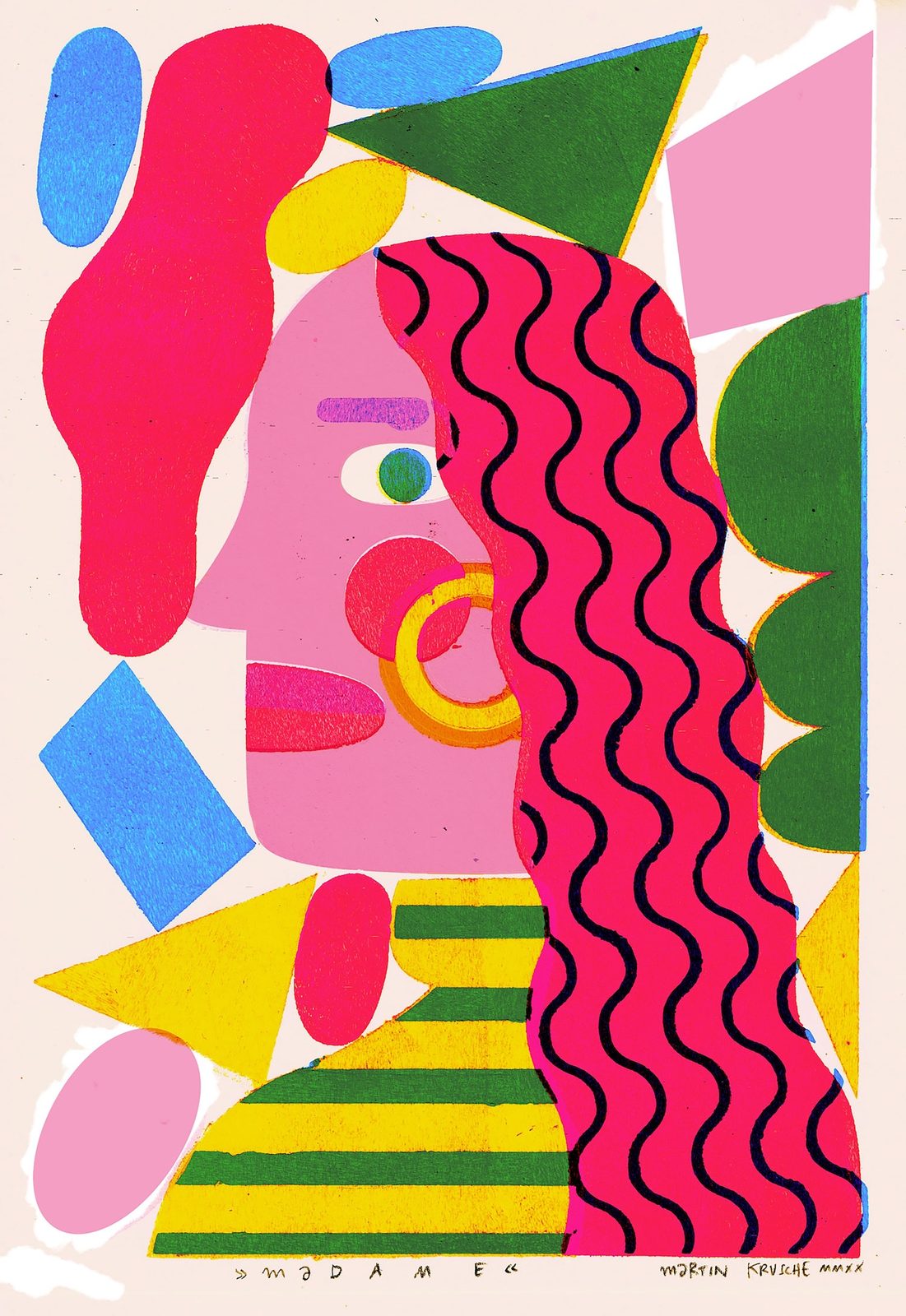 Vibrant stencil print portrait of a woman with wavy red hair surrounded by geometric shapes, the layered printing technique visible in bold colours and graphic forms. Madame by Martin Krusche, Woman Portrait Gallery.